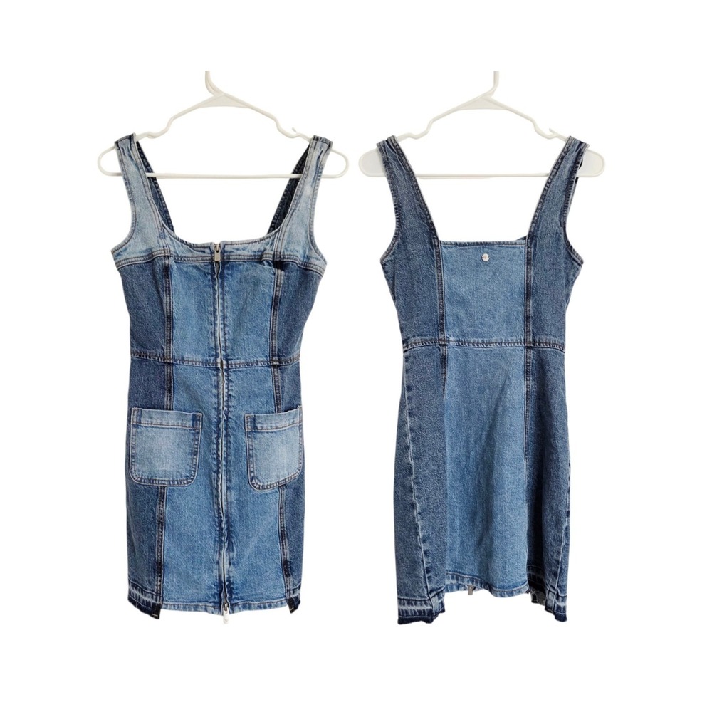 Roxy Denim Mini Dress XS Blue Jean Patchwork Zip Front Y2K Surf Skater Coastal